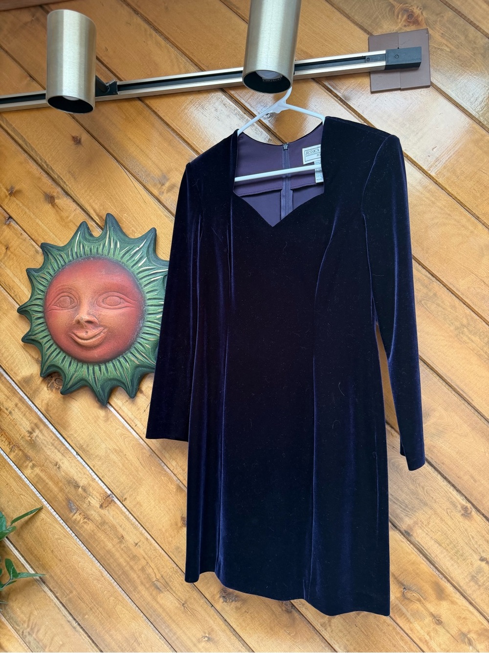 Jessica Howard Deep Purple Velvet Long-Sleeve A-Line Dress vtg vintage